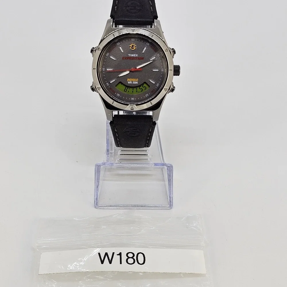 Timex Expedition Ana Dig Men Watch 38MM Dark Gray Dial Leather Bands New Battery